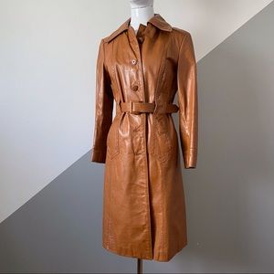 Vintage 80s Carmel Leather Belted Trench Coat